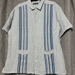 Cubavera Men’s Linen Blend Classic Fit Blue and White Striped Button Down Shirt